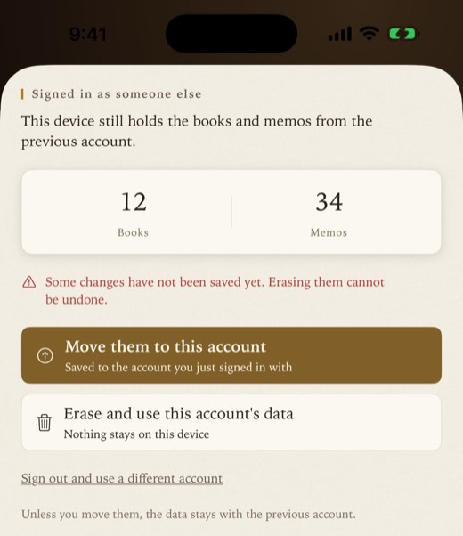 Signed in as someone else: counts of books and memos, Move them to this account, Erase and use this account’s data, and Sign out and use a different account