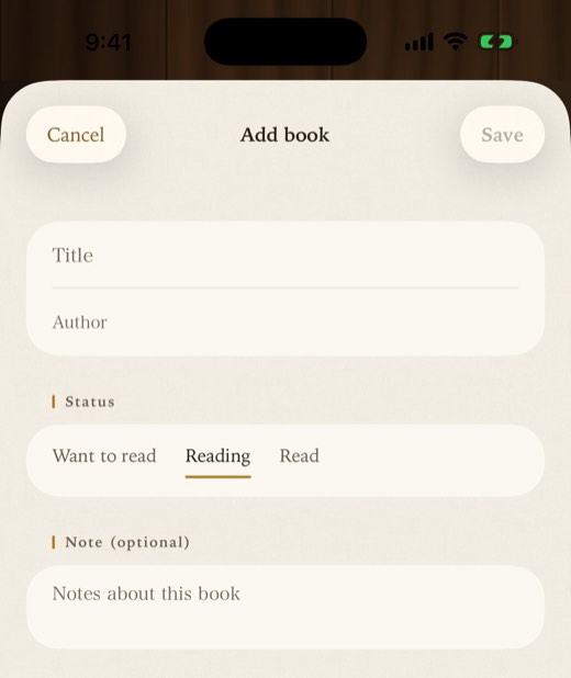 The Add book form: Title, Author, Status with Want to read, Reading and Read, and Note