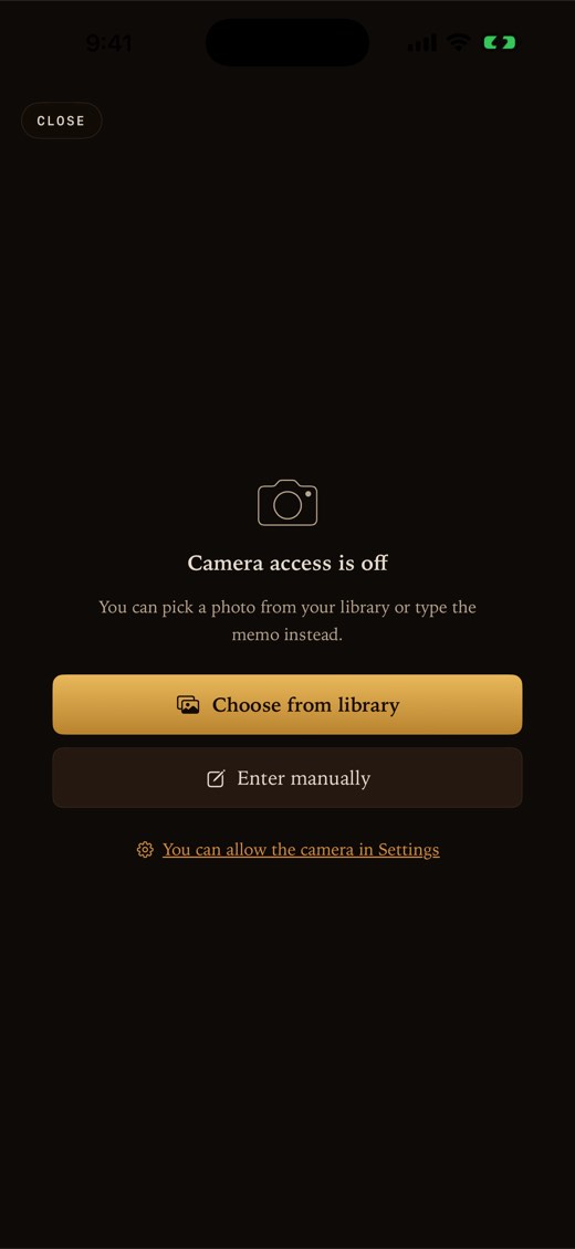 Camera access is off, with Choose from library, Enter manually and a link to Settings