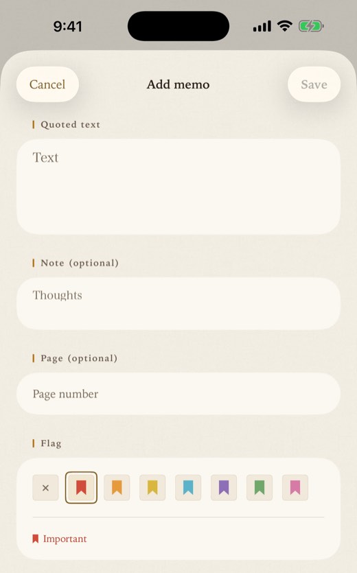 The memo form with the red flag selected and its name, Important, shown under the row