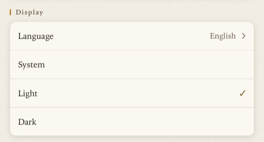 The Display card in Settings: Language (English), then System, Light (checked) and Dark