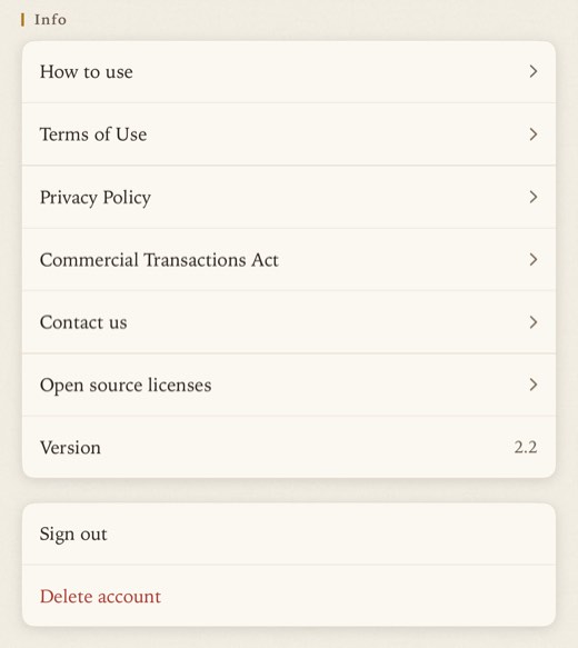 Info with How to use, Terms of Use, Privacy Policy, Commercial Transactions Act, Contact us, Open source licenses and Version, then Sign out and Delete account