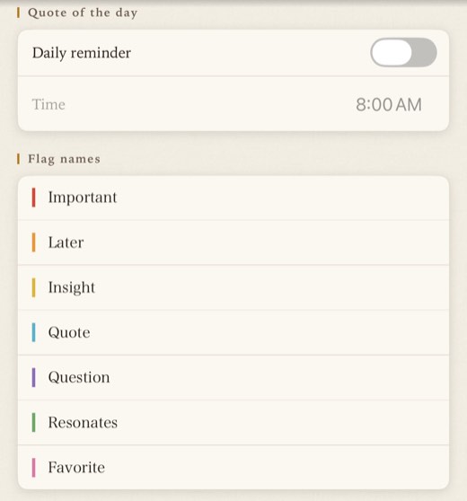 Quote of the day with Daily reminder and Time, and Flag names with seven colored rows