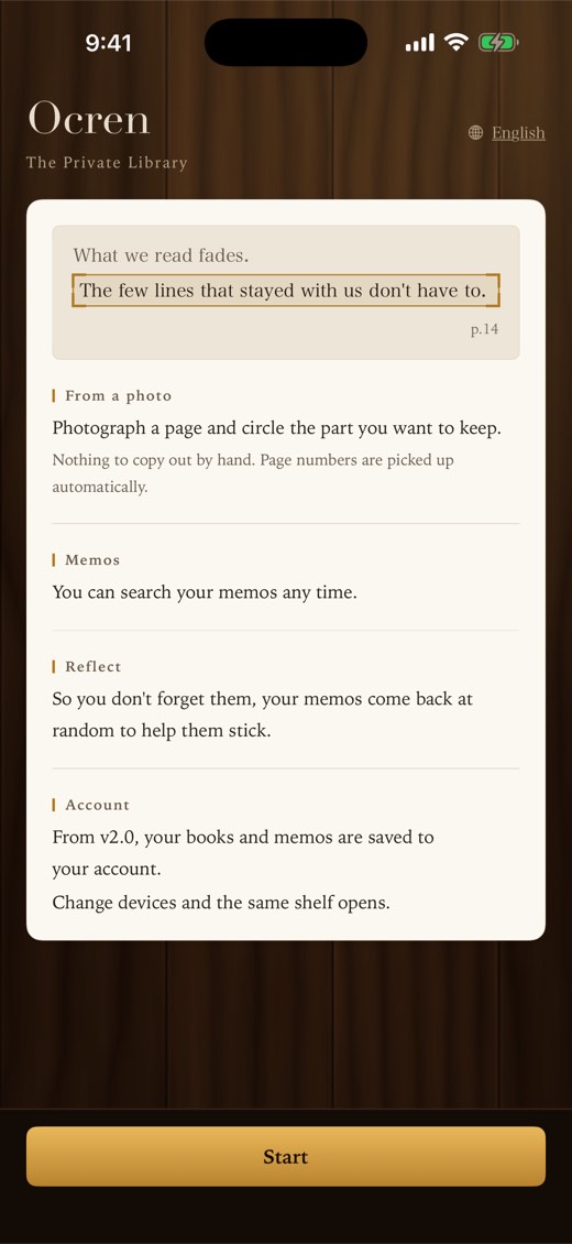 The welcome screen: a sample page with one line framed, and short notes on From a photo, Memos, Reflect and Account, with Start